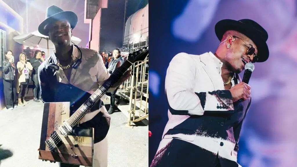 Ne-Yo com a guitarra da campanha Sim a Igualdade Racial e no palco The One