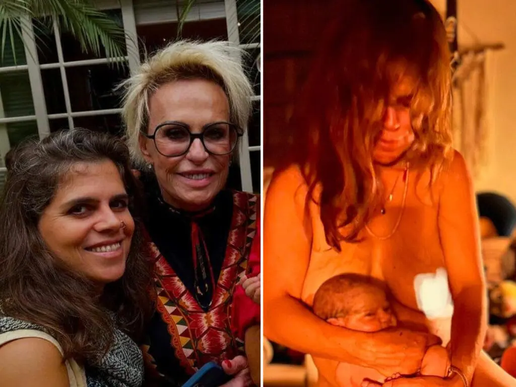 Mariana Maffeis com a mãe, Ana Maria Braga, e a filha recém-nascida