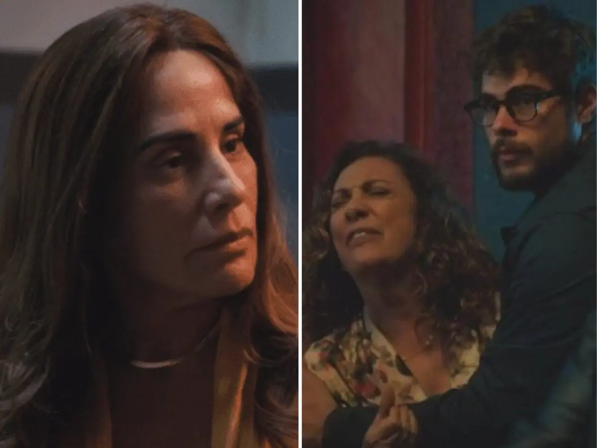 Irene (Glória Pires), Agatha (Eliane Giardini) e Hélio (Rafa Vitti) em Terra e Paixão