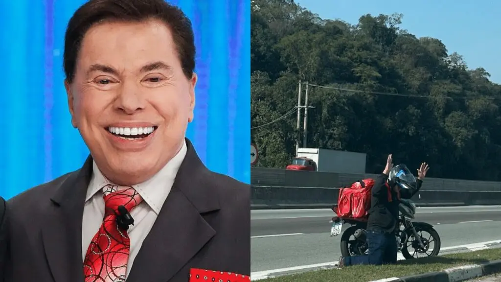 Motociclista se ajoelha e reza em frente ao SBT após morte de Silvio Santos