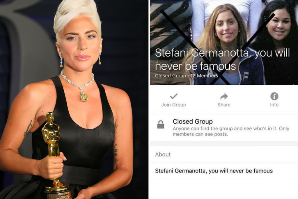 Lady Gaga recebendo um de seus vários prêmios e a página antiga no Facebook antes da fama, debochando da jovem sonhadora