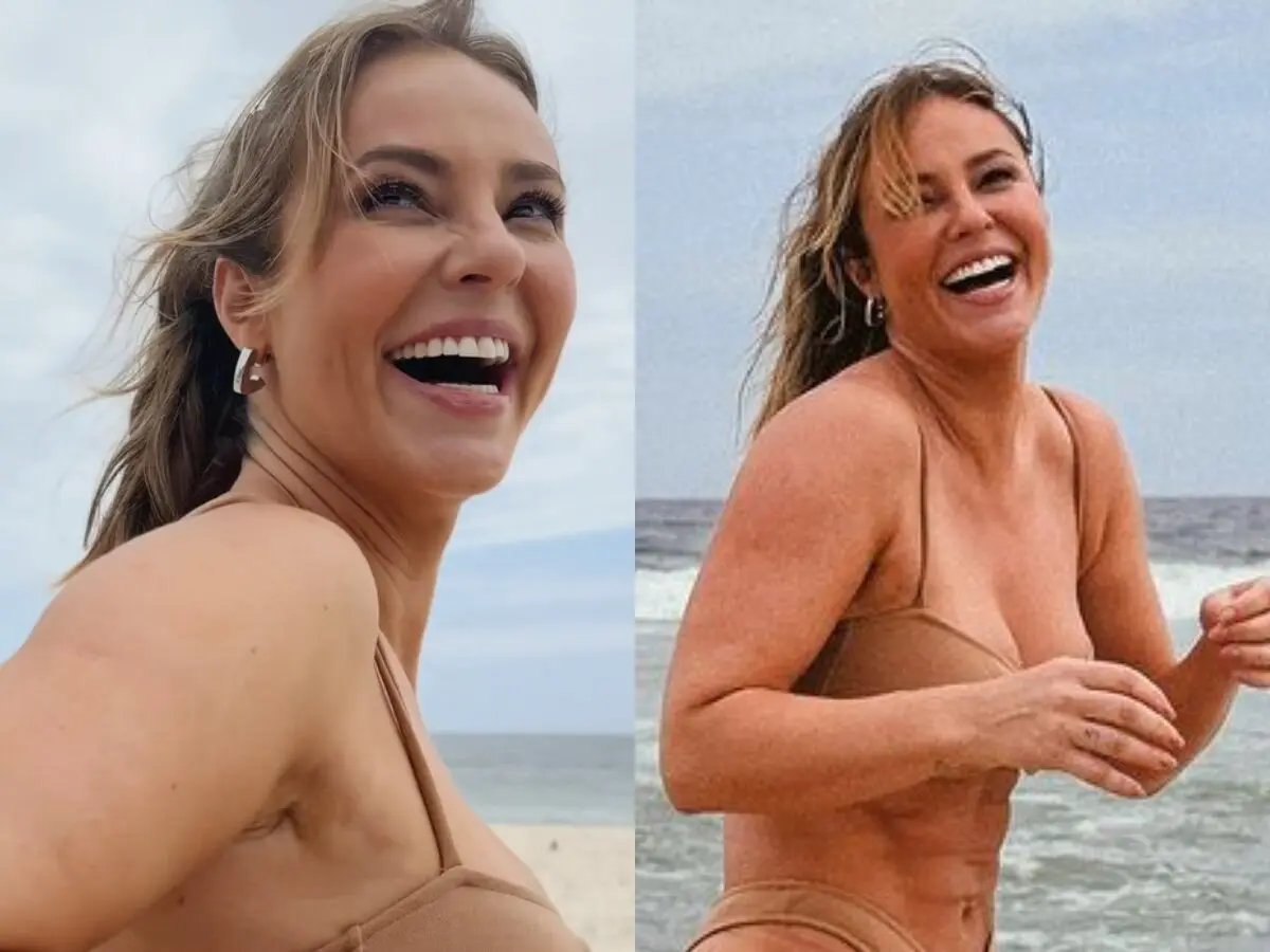 Paolla Oliveira elege biquíni nude para curtir praia e brinca com previsão do tempo: “Vai nublado mesmo”